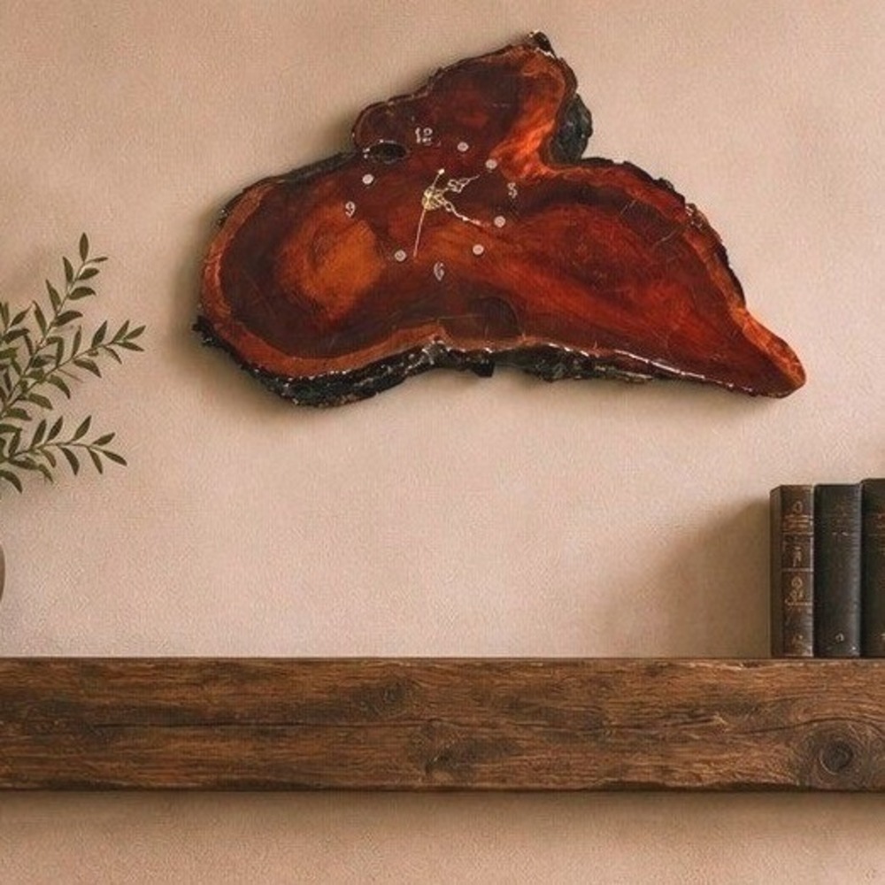 Vintage Live Edge Wood Slab Wall Clock Burl Epoxy Gloss Rustic Cabin Decor 14in